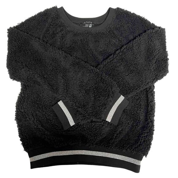1. State Teddy Fuzzy Sweatshirt Pullover Top Black Silver Metallic Trim Small - Picture 7 of 16